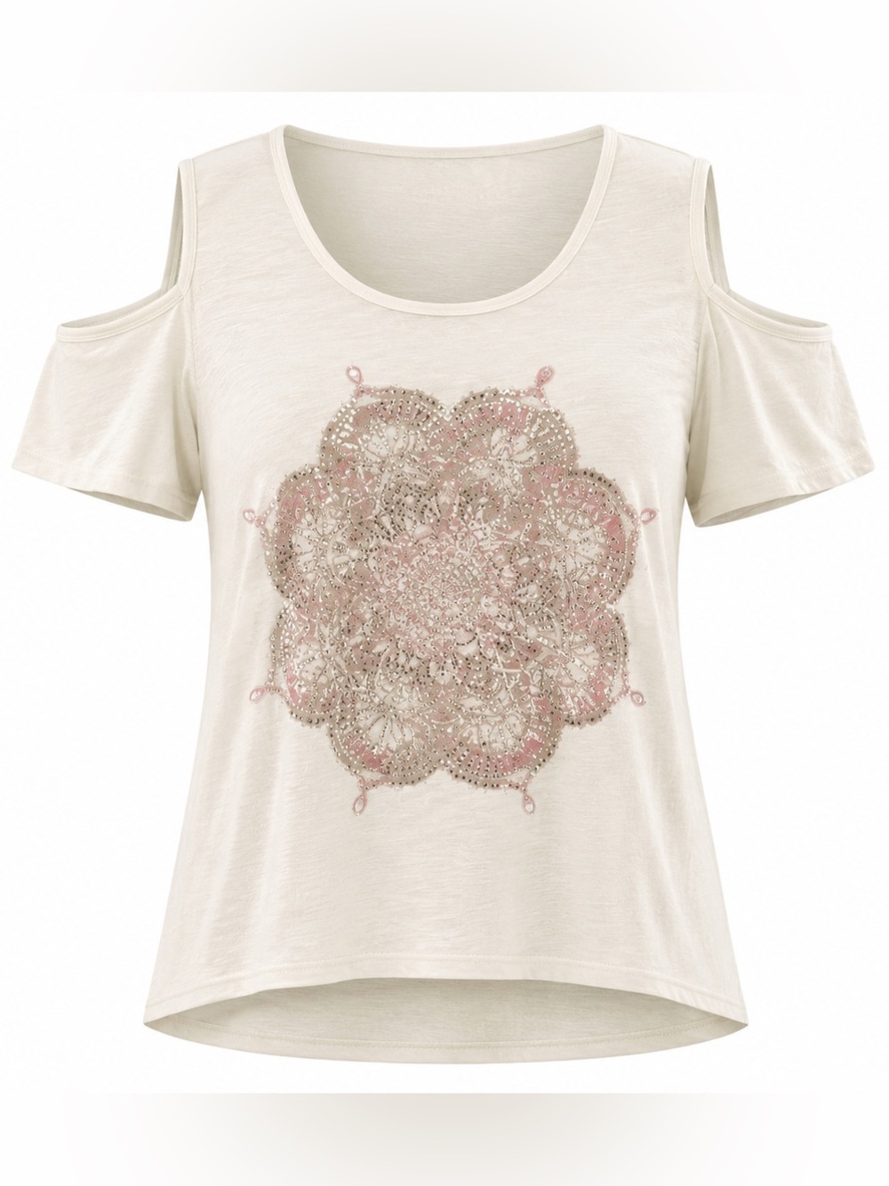 Jessica Simpson Cream Cold-Shoulder Short Sleeve Tee with Embellished Mandala